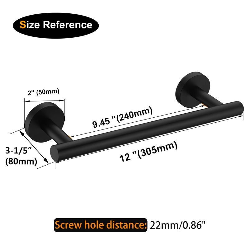 Nolimas Matte Black Bath Hand Towel Bar Single Bars Towel Rack Rod Classic Wall Mounted Stainless Steel Bathroom Towel Bar Toilet Kitchen Towel Shelf Single Layer,12inch - Image 3
